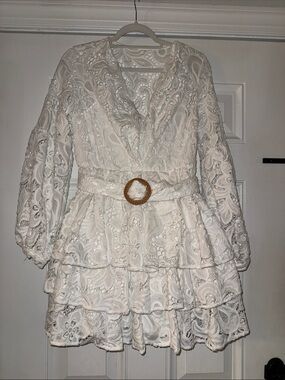 Lace Tiered Long Sleeve Dress with Buckle Belt in Ivory